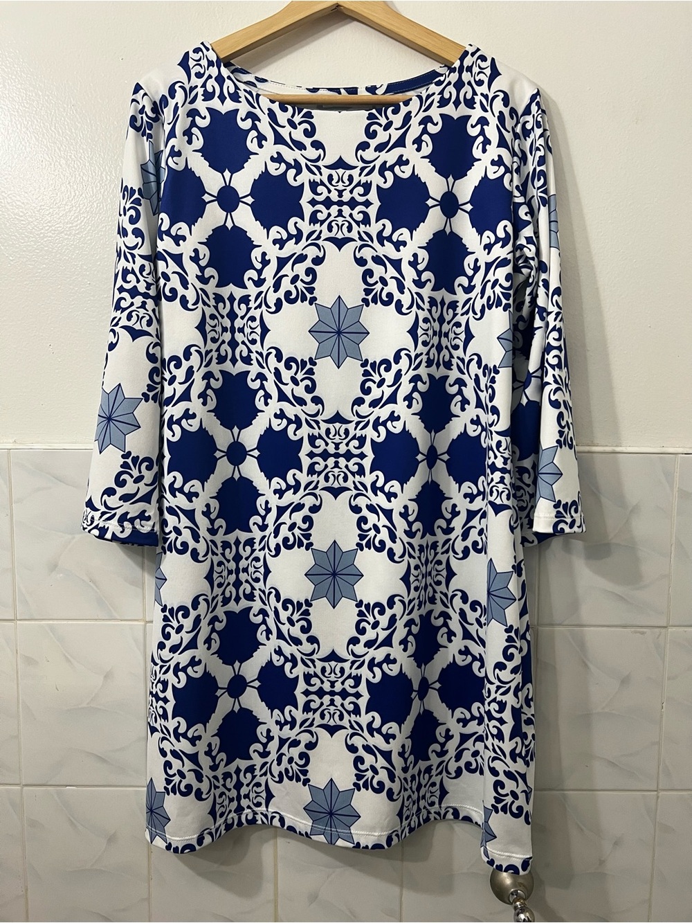 Bijou 3/4 Sleeve Blue White Mini Dress Women L Mediterranean Euro Summer Coastal